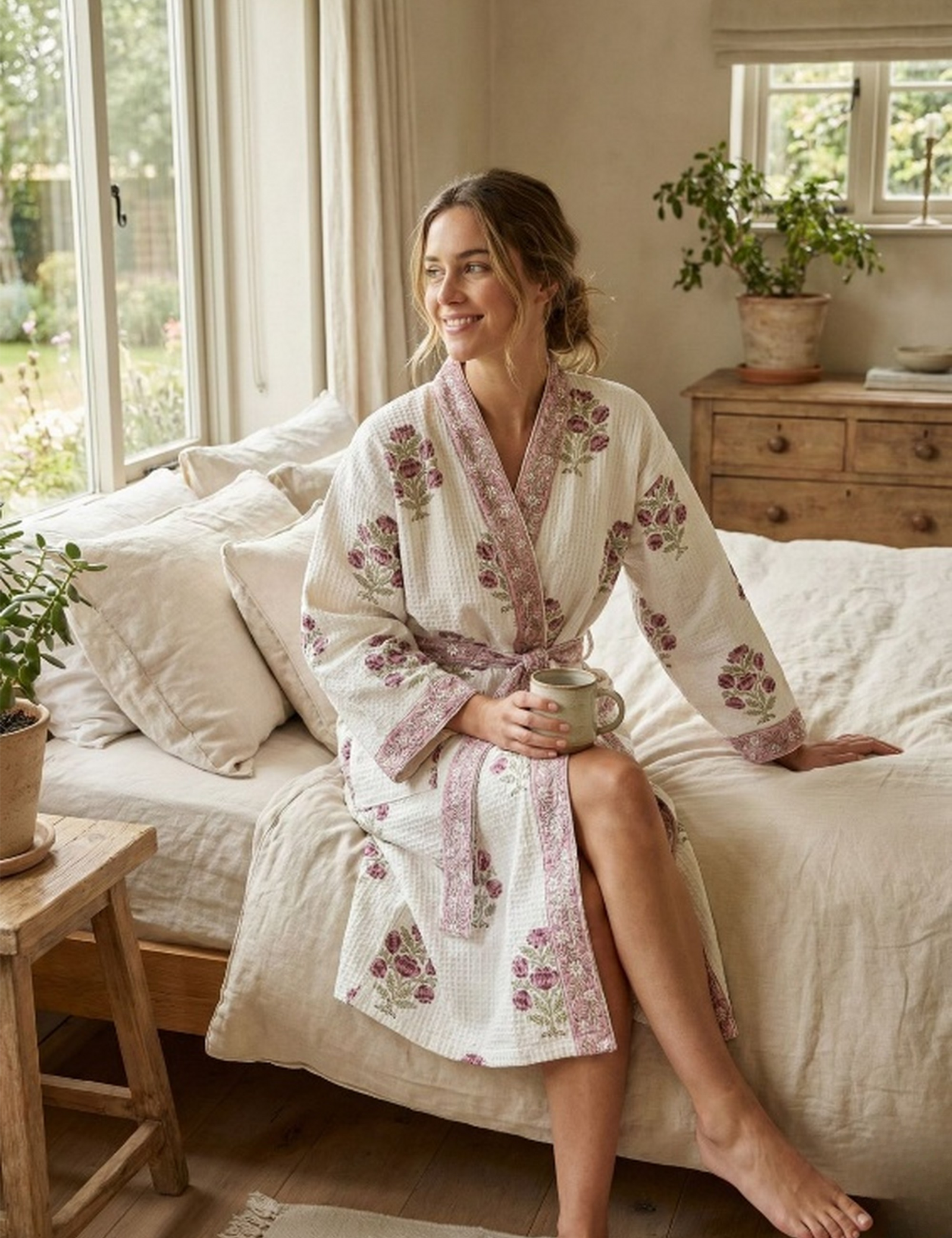 Cotton waffle robe look 1